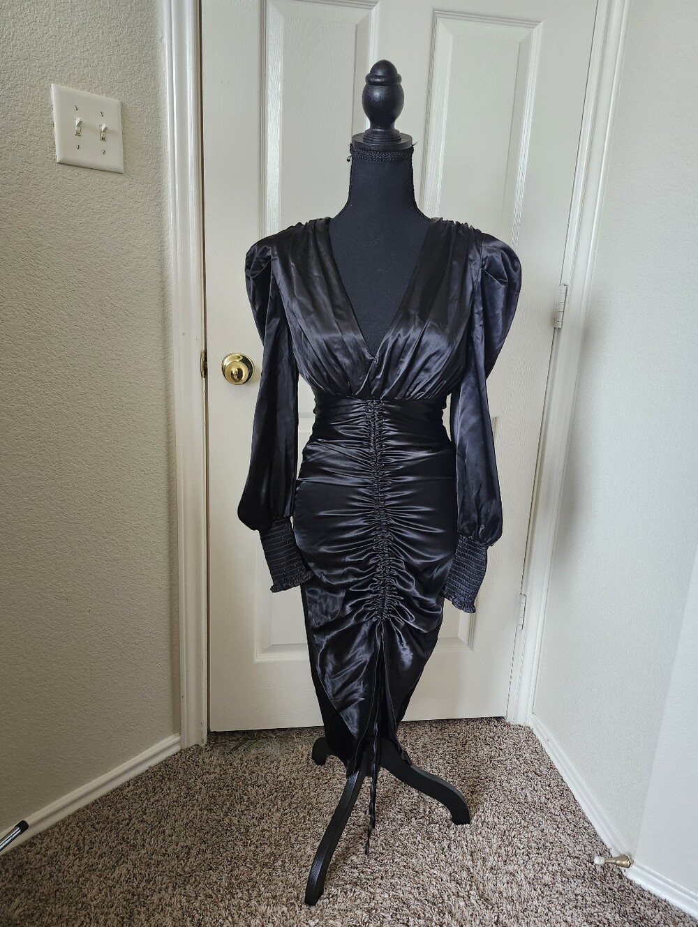 privy Black Satin Ruched V-Neck Midi Dress with Puff Shoulders
